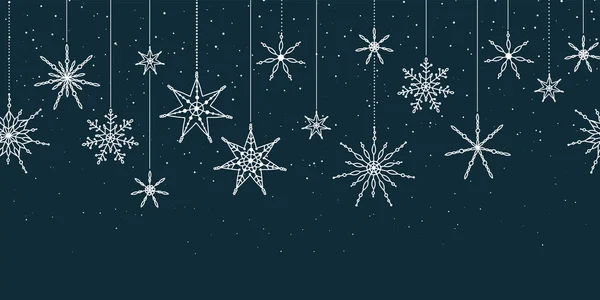 Eleganta snöflingor horisontellt sömlöst mönster, handritade stjärnor - perfekt för textilier, tapeter, inbjudningar, banderoller - vektor yta design — Stock vektor