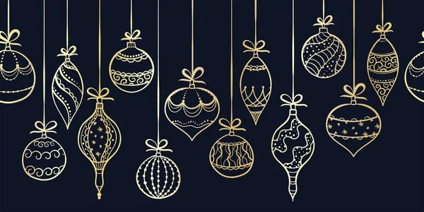 Elegant hand drawn christmas ornaments horizontal seamless, decorated baubles hanging, great for christmas wrapping, banners, invitations, wallpaper - vector design — 스톡 벡터