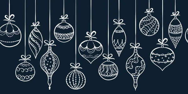 Elegant hand drawn christmas ornaments horizontal seamless, decorated baubles hanging, great for christmas wrapping, banners, invitations, wallpaper - vector design — 스톡 벡터