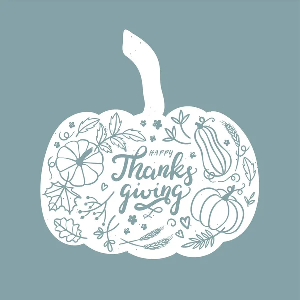 Lovely Hand Drawn Written Thanks Giving Design Cute Pumpkins Leaves — Wektor stockowy