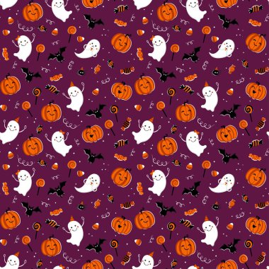 Eğlenceli el çizimi cadılar bayramı deseni, şirin ve ürkütücü arka plan, tekstil, pankart, duvar kağıtları, ambalaj - vektör tasarımı