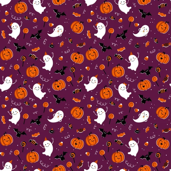 Divertido Patrón Sin Costura Halloween Dibujado Mano Fondo Lindo Espeluznante — Vector de stock