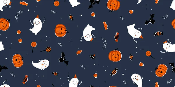 Divertido Patrón Sin Costura Halloween Dibujado Mano Fondo Lindo Espeluznante — Archivo Imágenes Vectoriales