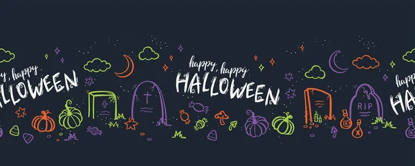 Fun Hand Drawn Halloween Horizontal Seamless Pattern Ghosts Pumpkins Bats — Stock Vector