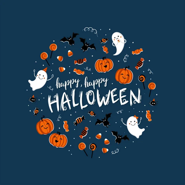 Divertente Illustrazione Halloween Disegnata Mano Con Fantasmi Zucche Pipistrelli Caramelle — Vettoriale Stock