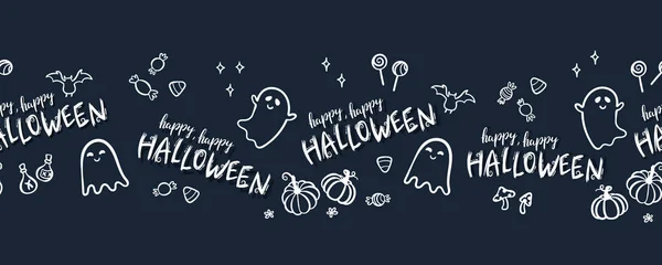 Szórakoztató Kézzel Rajzolt Halloween Vízszintes Zökkenőmentes Minta Szellemek Sütőtök Denevérek — Stock Vector