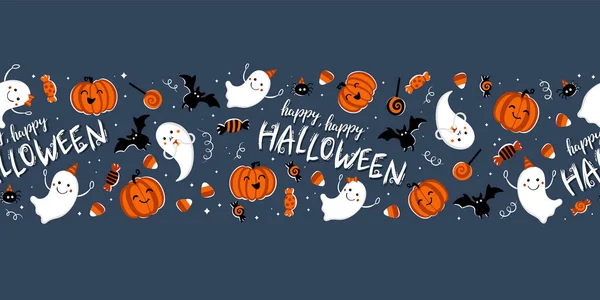 Divertente Disegno Mano Halloween Modello Orizzontale Senza Cuciture Con Fantasmi — Vettoriale Stock