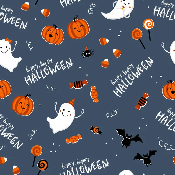 Divertido Patrón Sin Costura Halloween Dibujado Mano Con Fantasmas Calabazas — Archivo Imágenes Vectoriales