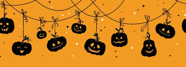Szórakoztató Kézzel Rajzolt Halloween Vízszintes Tök Zökkenőmentes Minta Aranyos Sütőtök — Stock Vector