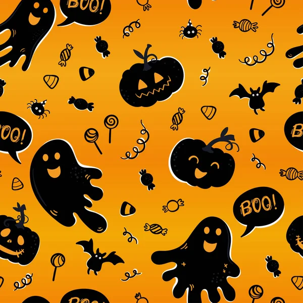 Divertido Dibujado Mano Patrón Sin Costuras Halloween Fantasmas Lindos Calabazas — Vector de stock