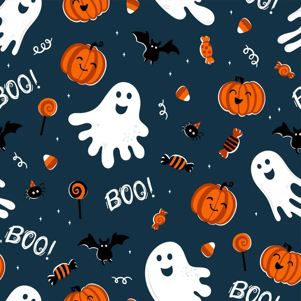 Divertente Disegno Mano Modello Senza Cuciture Halloween Simpatici Fantasmi Zucche — Vettoriale Stock