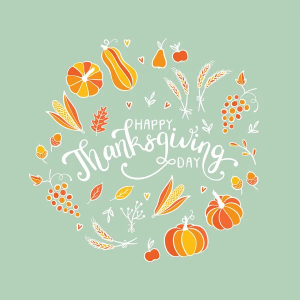 Lovely Hand Drawn Written Thanks Giving Design Cute Pumpkins Leaves — Wektor stockowy