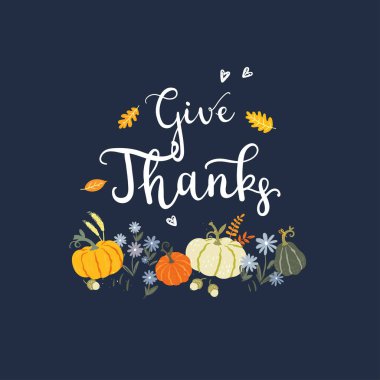 Güzel el çizimi şükran günü tasarımı, balkabaklı el yazısı konsepti, yapraklar - kartlar, web afişleri, duvar kağıtları - vektör tasarımı