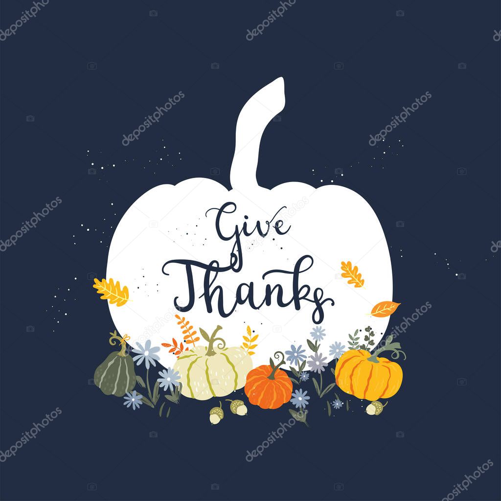 Cute hand drawn Thanksgiving design, lovely hand written card concept with pumpkins, leaves - great for cards, web banners, wallpapers - vector design
