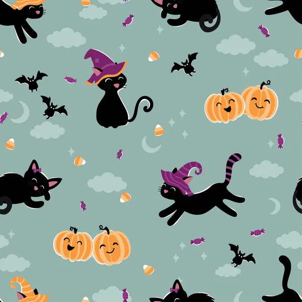 Carino Disegnato Mano Halloween Modello Senza Cuciture Con Gatti Caramelle — Vettoriale Stock