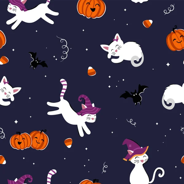 Carino Disegnato Mano Halloween Modello Senza Cuciture Con Gatti Caramelle — Vettoriale Stock
