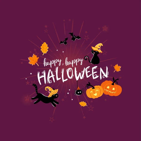 Divertente Illustrazione Halloween Disegnata Mano Con Fantasmi Zucche Pipistrelli Caramelle — Vettoriale Stock