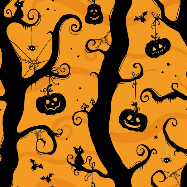 Zábavné Ručně Kreslené Halloween Bezešvé Vzory Strašidelné Větve Pavučiny Dýně — Stockový vektor