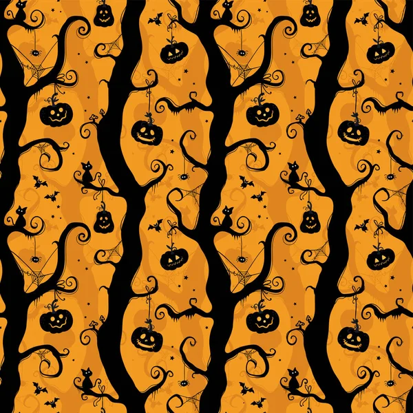 Divertente Disegno Mano Halloween Senza Cuciture Rami Spettrali Ragnatele Zucche — Vettoriale Stock