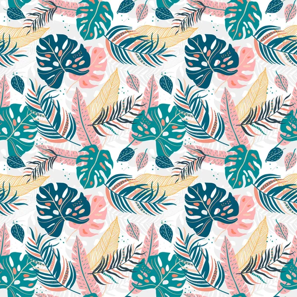 Tropische Blätter Nahtloses Muster Elegante Exotische Handgezeichnete Blätter Ideal Für — Stockvektor