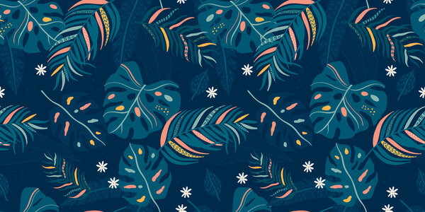 Tropical Leaves Seamless Pattern - элегантный, экзотический, ручной работы листья - отлично подходит для текстиля, тканей, обоев, баннеров, карточек - дизайн поверхности