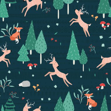 Geyik ve ağaçlarla dolu, dikişsiz bir orman deseni çizilmiş. Tekstil, pankart, duvar kağıtları, ambalaj - vektör tasarımı için harika