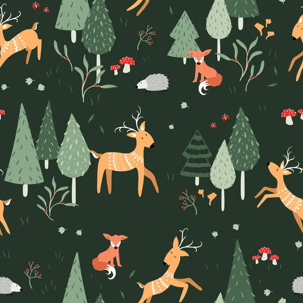 可爱的手绘森林无缝图案与鹿和树 适用于纺织品 包装容器设计 — 图库矢量图片