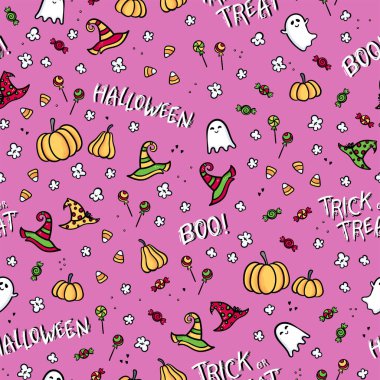 Komik balkabaklarıyla, hayaletlerle, şekerlemelerle ve dekorasyonla cadılar bayramında kusursuz desenler çizilmiş şirin bir el. Tekstil, pankart, duvar kağıtları için harika - vektör tasarımı