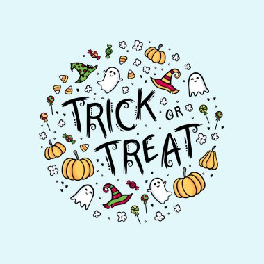 Komik balkabakları, hayaletler, şekerler ve dekorasyonlu şirin bir cadılar bayramı tasarımı. Tekstil, pankart, duvar kağıtları için harika - vektör tasarımı