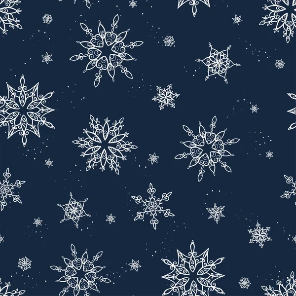 Krásné Ručně Kreslené Sněhové Vločky Bezešvé Vzor Roztomilé Zimní Pozadí — Stockový vektor