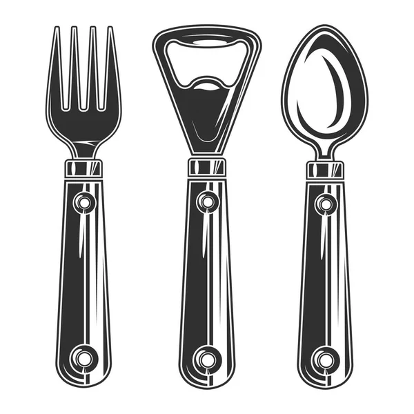 Set di forchetta, apribottiglie e cucchiaio isolato su bianco. Illustrazione vettoriale per ristorante e bar o molto altro. Pronto per il tuo design . — Vettoriale Stock