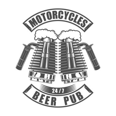 Bira pub logo vektör çizim. Bira bar amblemi vintage tek renkli motosiklet tarzı tasarım