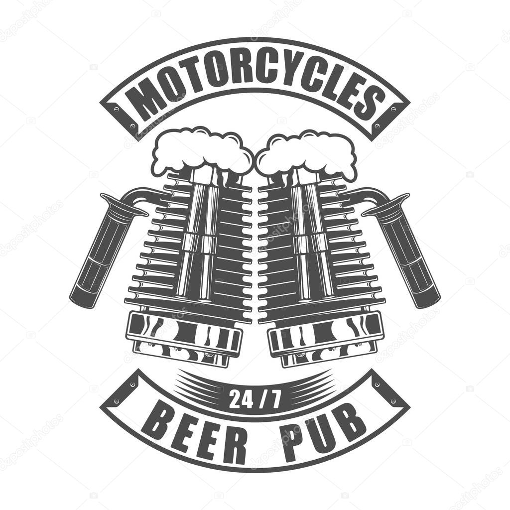 Beer pub logo vector illustration. Design beer bar emblem in vintage monochrome motorcycle style