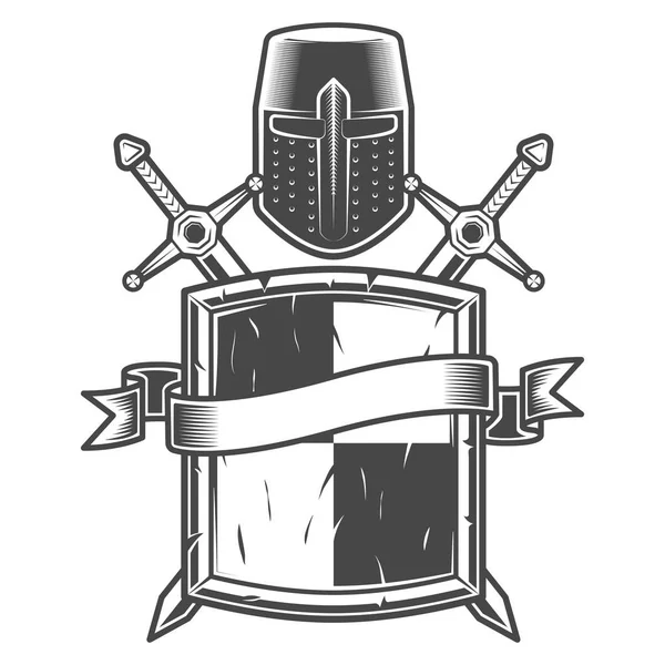 Vintage Emblema Caballero Medieval Espadas Escudo Casco Cruzado Cinta Aislada — Vector de stock