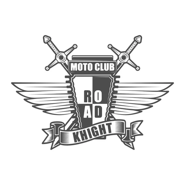 Emblema vintage del club motociclistico con ali, spade da cavaliere e nastro in stile monocromatico isolato illustrazione vettoriale — Vettoriale Stock