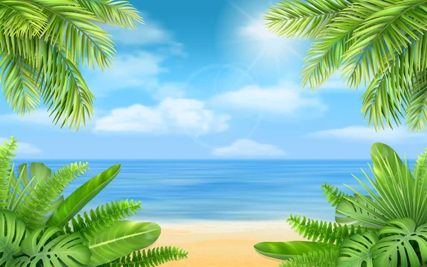 Playa de mar y arbustos tropicales — Vector de stock