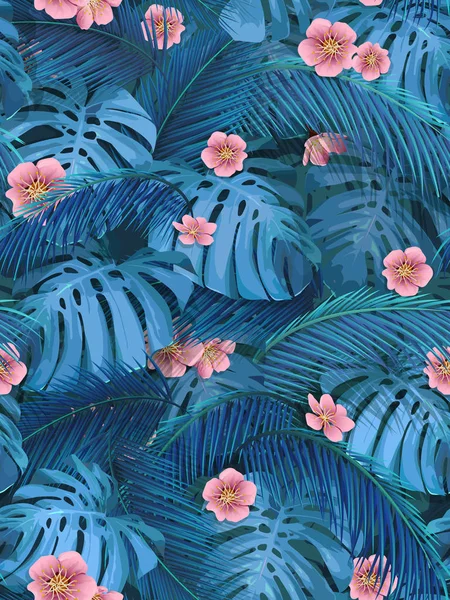 Fondo sin costuras de hojas tropicales en azul — Vector de stock