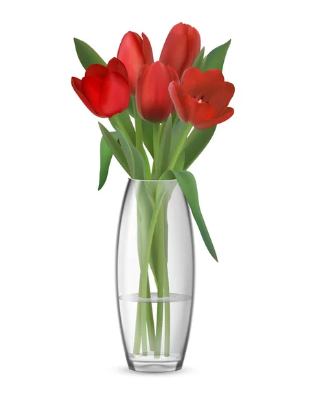 Ramo de tulipanes rojos en jarrón de vidrio — Vector de stock