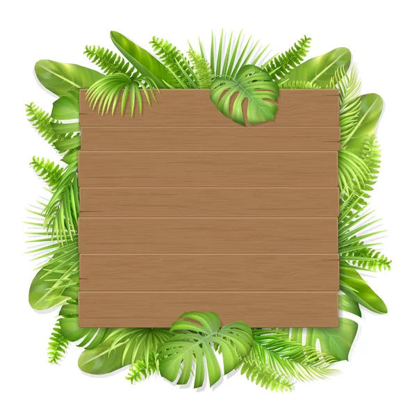 Signe en bois avec feuilles tropicales — Image vectorielle