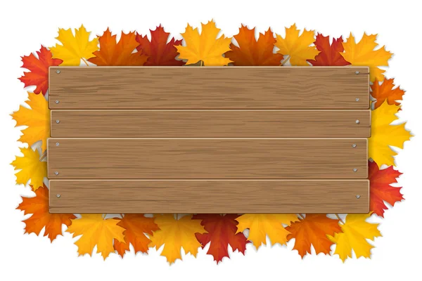Houten bord met herfst esdoorn bladeren — Stockvector