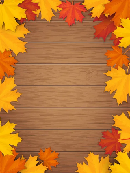 Hojas de otoño sobre fondo de madera — Vector de stock