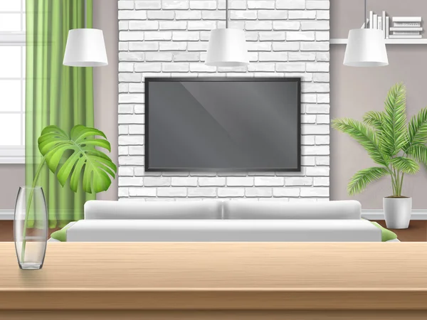 Salón con sofá tv y mesa de bar de madera — Vector de stock