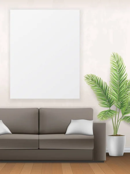 Mockup interior con sofá, palmera y póster — Vector de stock