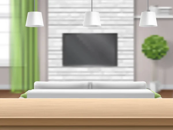 Séjour avec canapé tv et table de bar en bois — Image vectorielle