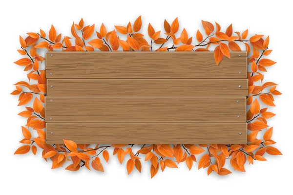 Signo de madera vacío con rama de árbol de otoño rojo — Vector de stock