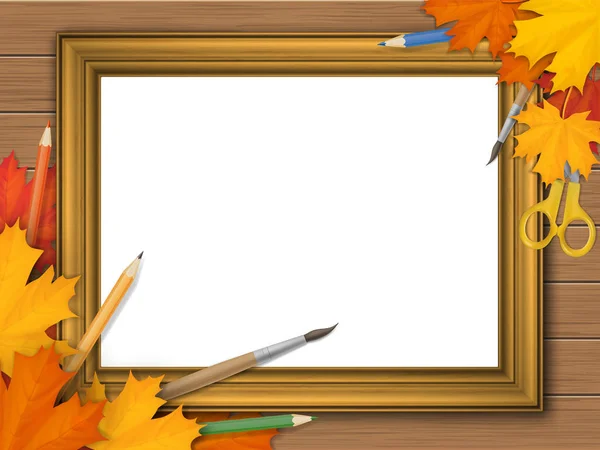 Fotolijst met herfstbladeren en art supplies — Stockvector