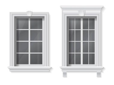 A window in a classic frame with a pediment and trim. Element of architectural decoration of the facade of the building. clipart