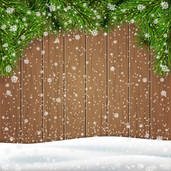 Árbol de pino deriva de nieve sobre un fondo de madera — Vector de stock