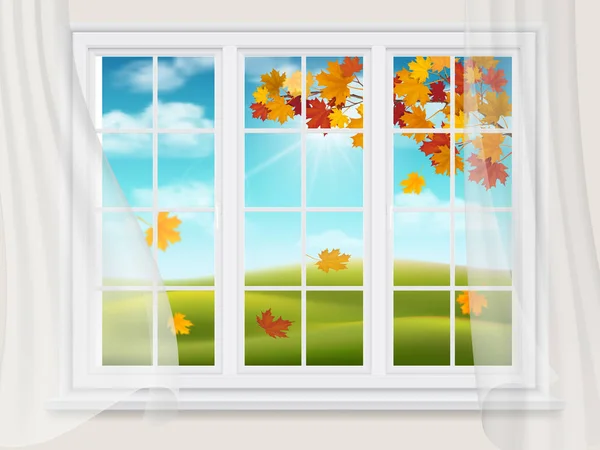 Big window with a view of the autumn landscape. — Stock Vector