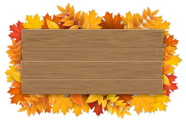 Letrero de madera con hojas de arce de otoño — Vector de stock